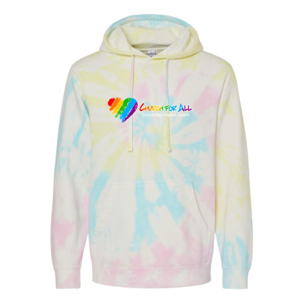 Alternative view of Church For All | 100% of Proceeds Benefit Cedarbridge Love Wins | Unisex Midweight Tie-Dyed Hooded Sweatshirt